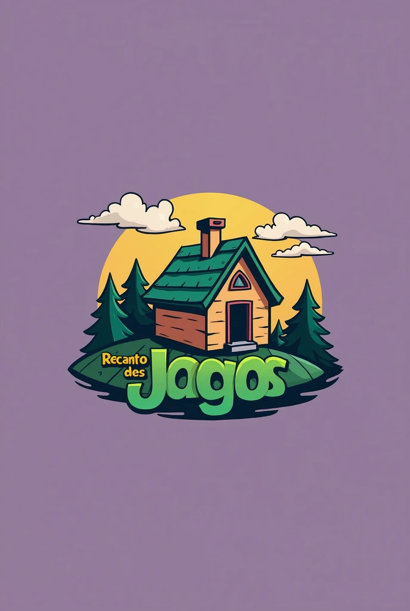 Draw a logo for a board game rental company called 'Recanto dos Jogos'. The logo should feature a small, simple house that evokes the idea of a retreat or refuge at the center. Include elements from the board game universe. The design should not be overly intricate. The overall style should be fun yet professional, with a warm and inviting color palette to represent the friendly and communal nature of board games. Use green and purple as the main colors.
