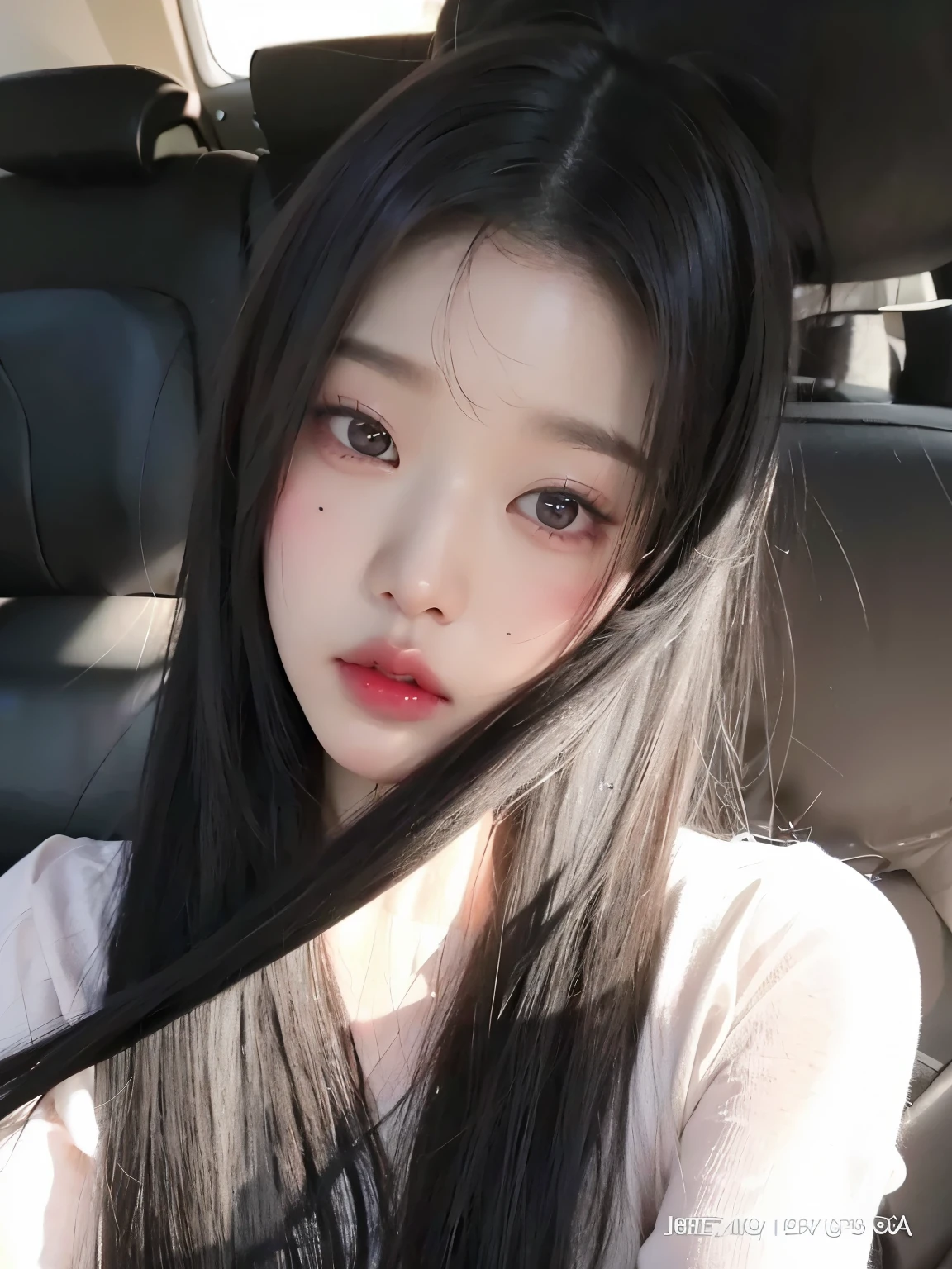 A close-up of a woman with long black hair, Wonyoung de IVE, Portrait of Wonyoung from IVE, Wonyoung de IVE, Jang Wonyoung de IVE, South Korean popular makeup, Wonyoung de IVE, Retrato Wonyoung IVE, Pastel pink skin tone, Wonyoung de IVE, popular korean makeup