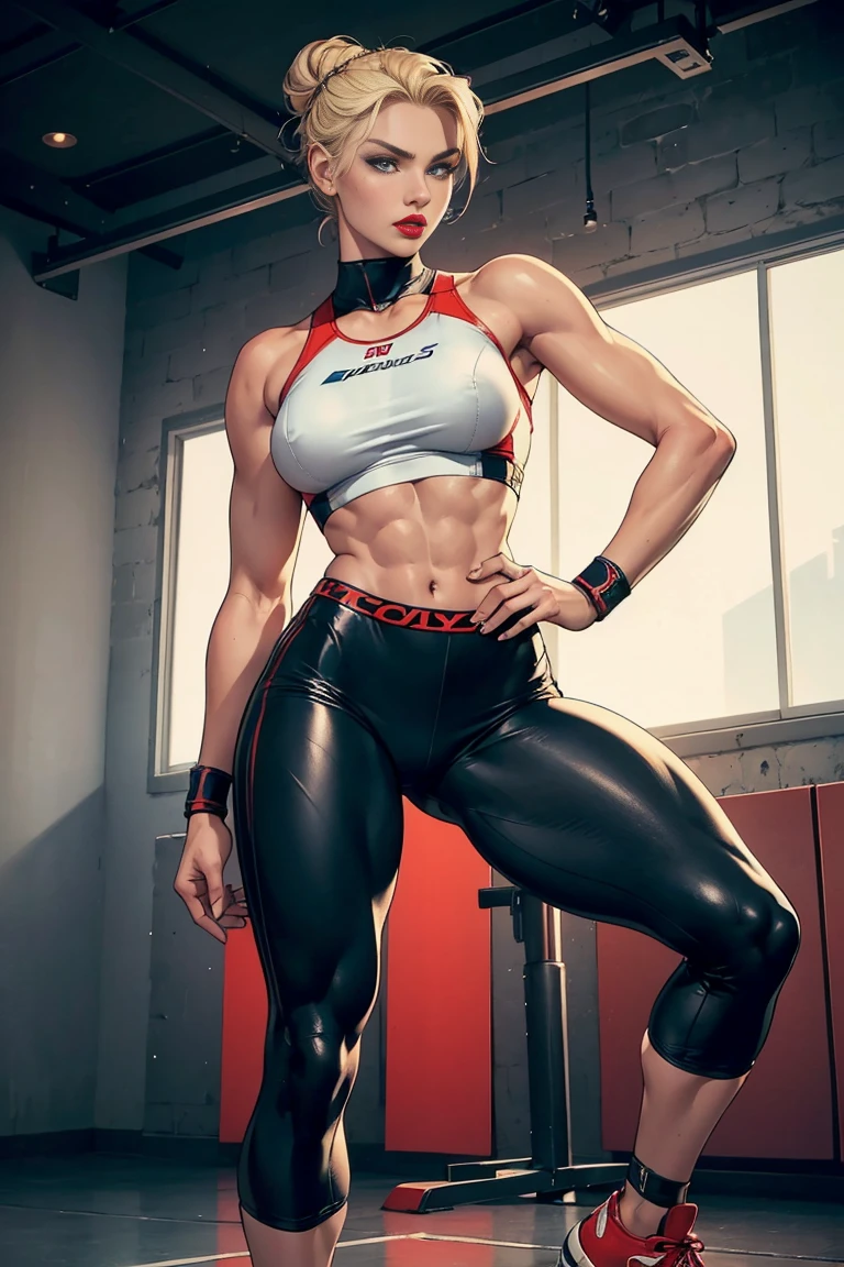 tall 18 old years young female fitness model, sexy, sensual, blond hair in a bun, blue eyes, red lips, thin waist, broad shoulders, long thighs, full breasts, black leather tight sports pants, short new sports top in sports shoes, posing in photo studio