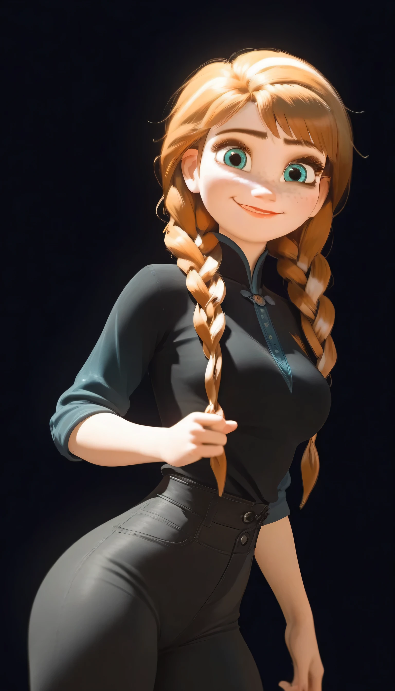 score_9,score_8_up,score_7_up,score_6_up,score_5_up,score_4_up,1girl, (anna frozen, twin braids), cute smile, sexy pose, hot, sexy, horny, freckles,black shirt, black tight pants, big bust, in dark room, dynamic angle
