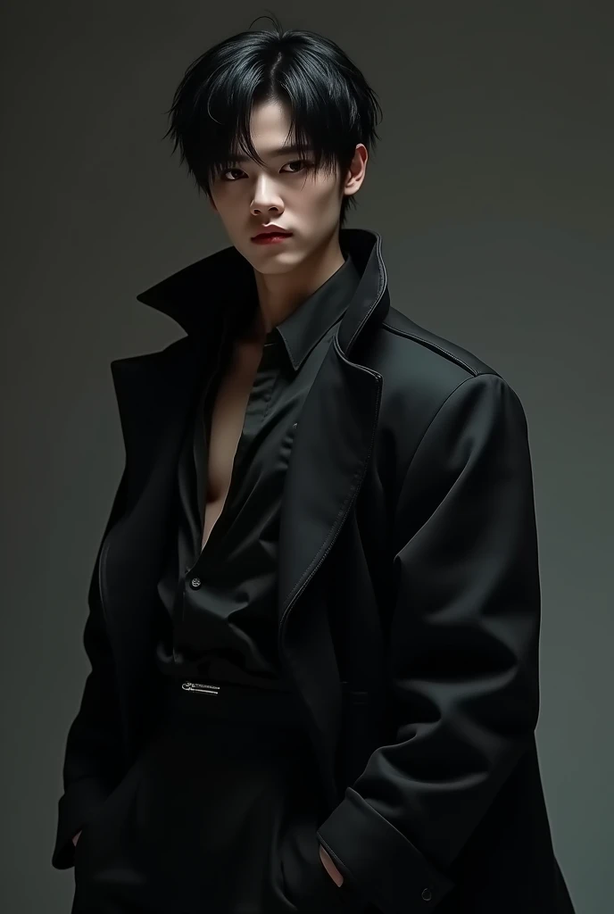 create a realistic korean vampire, with black hair short hair style, strong and muscular and wearing black clothes, and with an evil look