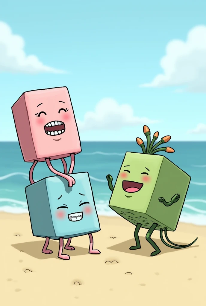 Three cubes, one pink with legs and braces, one with a blue body, and a green cube with nubs and a big mouth. All the cubes are happily smiling infront of the beach. 2D Drawn style. The green and blue cubes dont have legs or arms.  Meaning the green and blue cubes are just a square with a face, no legs or arms. The green and blue cubes have no legs and their bodys are sitting on the ground