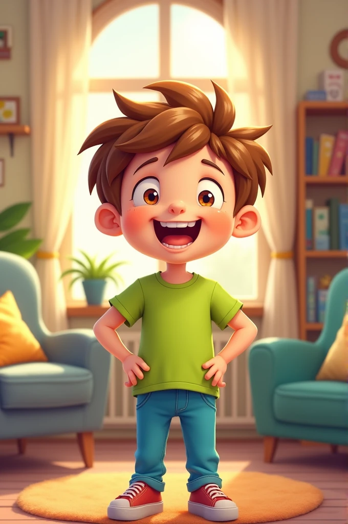 A 12 year old cartoon boy standing in the living room wearing a lime green t-shirt and sky blue pants