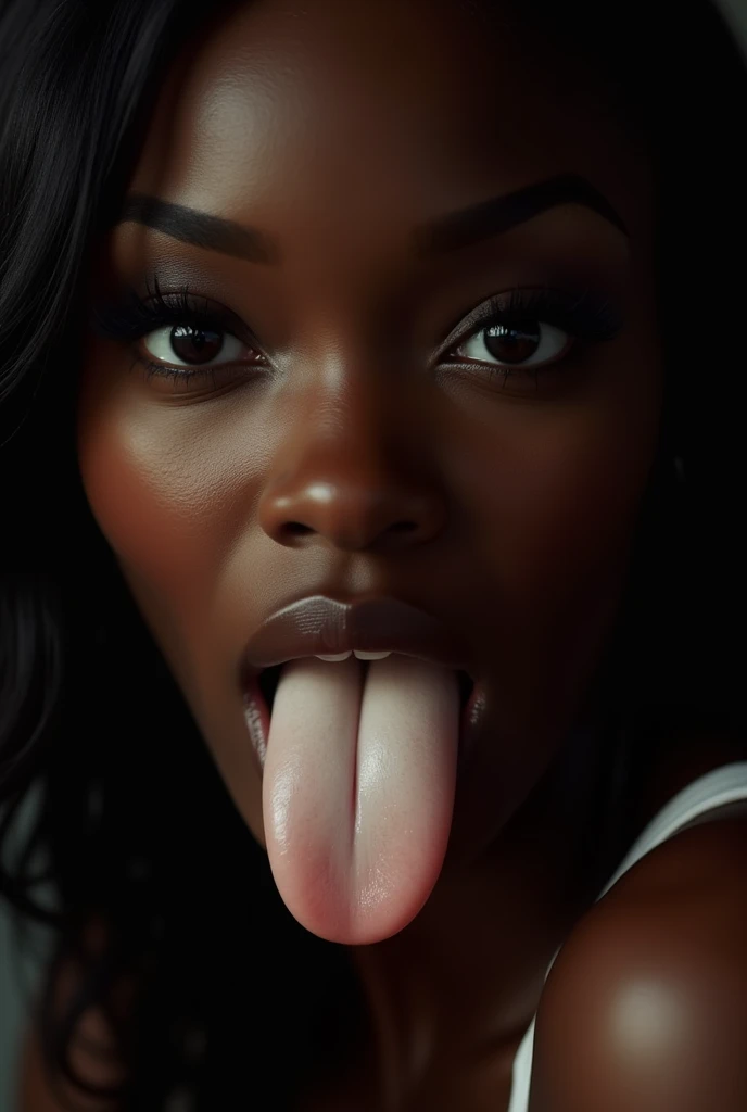 extremely detailed, high quality, realistic, photorealistic, 8k, masterpiece, full body, glowing dark skin, ebony girl, ssbbw extreme obese, extreme fat, mouth full of cum, short black hair, shaved hair, beautiful face, huge eyelashes, pink lipgloss, sweaty, cum on body everywhere, sucking on a huge and thick veiny white cock, dick in mouth, blowjob, sloppy, cumshot, cum on face, crying, open mouth, hyper big plastic mouth, bimbo face, cumshot, drooling, saliva, squirt, Large plump Bimbo lips, face pov