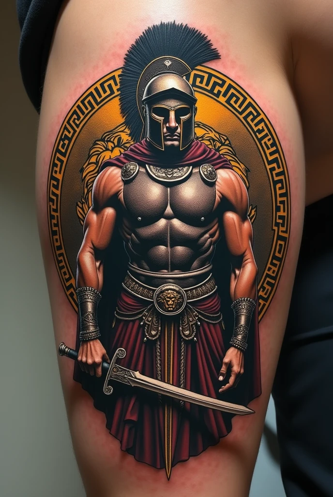 A tattoo of a Spartan warrior with a sword surrounded by the Versace symbol 
