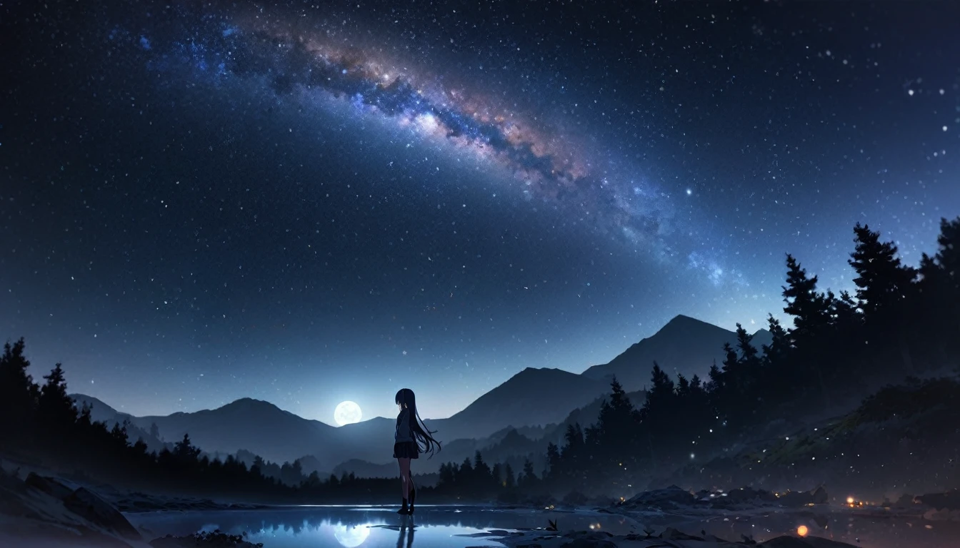 1girl, anime girl, cute , skinny, slim, long hair, full body, looking at the sky, very dark, at night, full of stars, milky way, moon, lots of stars, mountains, forest, lake at distance, one commet, particles, masterpiece, best quality, very aesthetic, absurdres