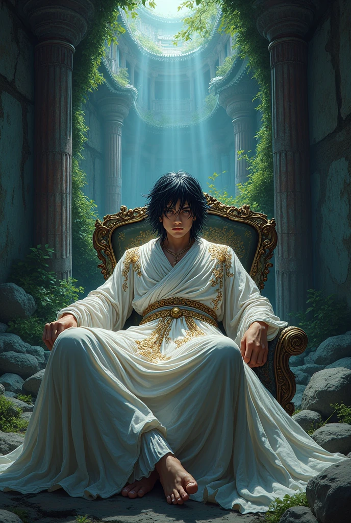 Anime style art, hot male god, emo style, black shaggy hair, robes, in an abandoned shrine, lying down