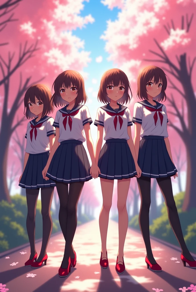 masterpiece, best quality,4 Girls,Young Girls, Plum_Pie Eyes, Brown, choppy bob,envious _Face,Glowing skin,Medium breasts,Beautiful leg lines:1.3,Thick thighs, Thin waist,Uniforms, High Leg Raise,tie,((Pencil Skirt)),Red high heels,   Pantyhose, , way_lining_and_bloom_cherry_flowering_Trees,,Looking at the audience,From below,whole body, legupsexms,