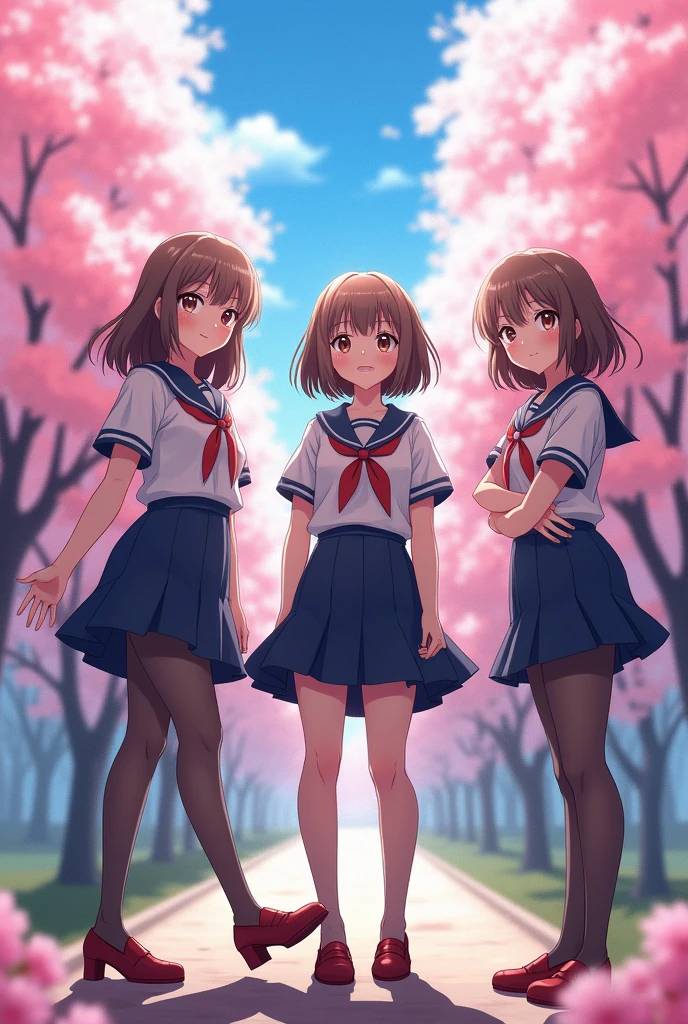 masterpiece, best quality,4 Girls,Young Girls, Plum_Pie Eyes, Brown, choppy bob,envious _Face,Glowing skin,Medium breasts,Beautiful leg lines:1.3,Thick thighs, Thin waist,Uniforms, High Leg Raise,tie,((Pencil Skirt)),Red high heels, Pantyhose, , way_lining_and_bloom_cherry_flowering_Trees,,Looking at the audience,From below,whole body, legupsexms,