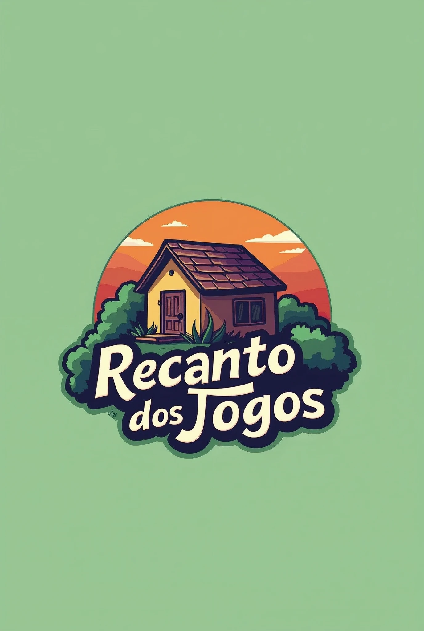 Draw a logo for a board game rental company called 'Recanto dos Jogos'. The logo should feature a small, simple house that evokes the idea of a retreat or refuge at the center. Include elements from the board game universe. The design should not be overly intricate. The overall style should be fun yet professional, with a warm and inviting color palette to represent the friendly and communal nature of board games. Use green and purple as the main colors.