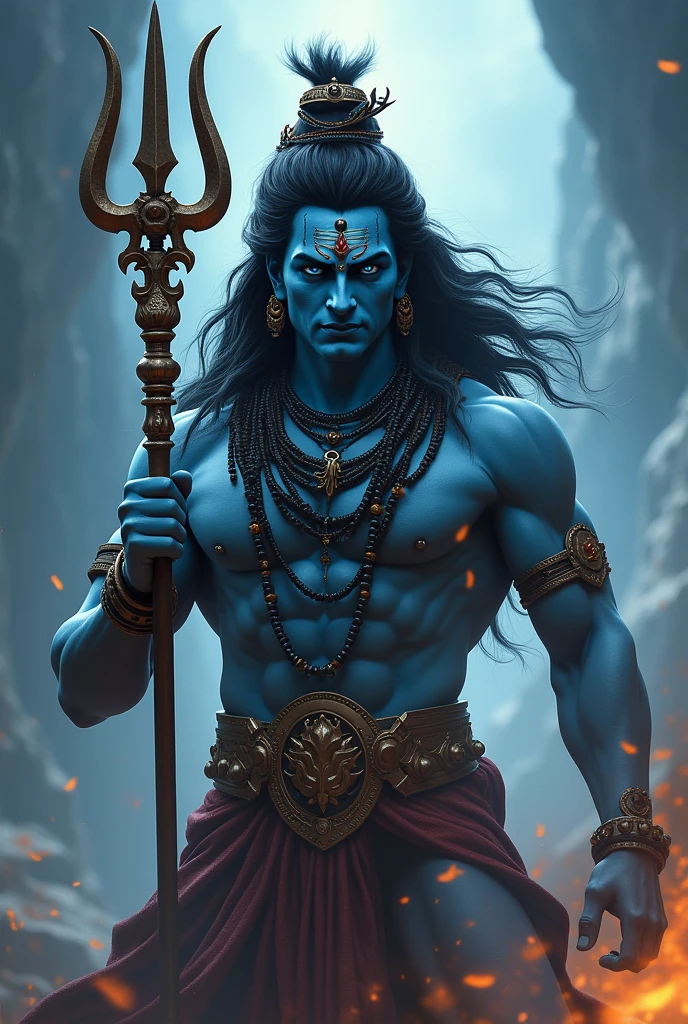 Create an image of lord shiva from hindu mythology, where he has a trishul on his hand, fierce look(real look), like human body, no cartoon look, eyes blue according to hindu mythology, i.e., bhagwat geeta