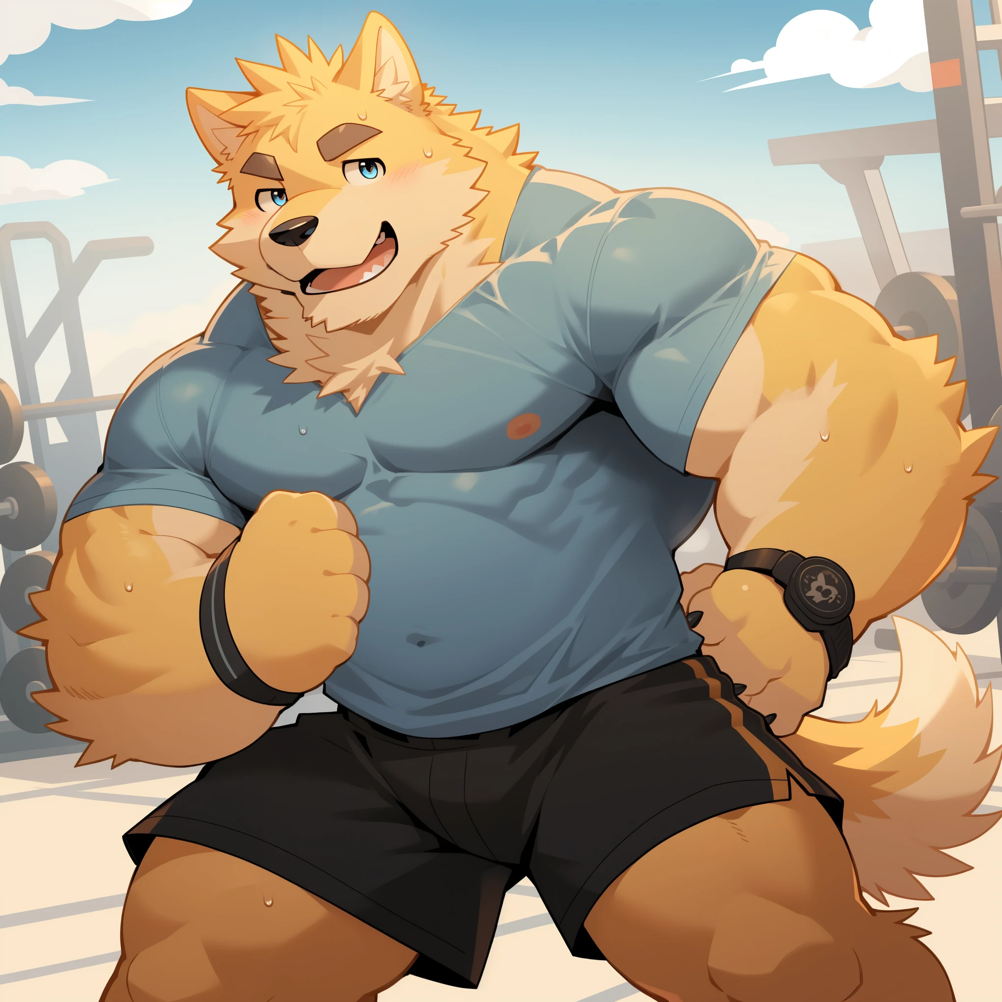 Scribble 金毛巡回dog face,Humanity(dog),(wet clothes:1.3),Muscular,(Black eyebrows:1.1),(Perfect eyes),Yellow fur，（artist:Takemoto Arashi），Gym background，Wolf Tail，（Black shorts:1.3），paw，（Sweat:1.3），light pink nipples。