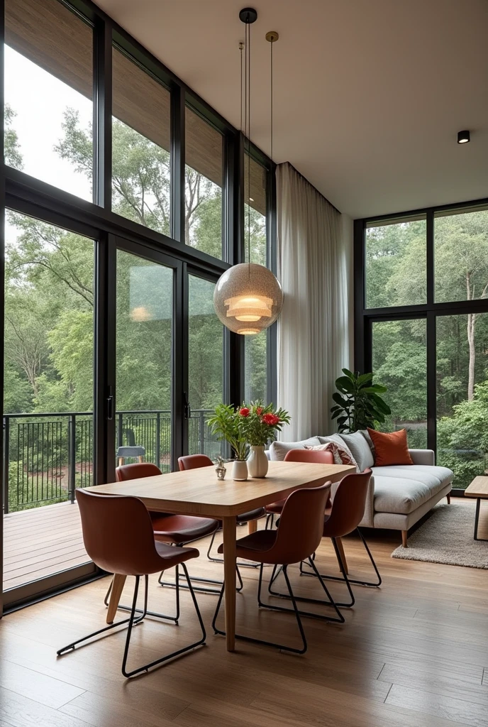 Interior design of living room 30m2. Modern style. Aluminum glass windows. There are full tables and chairs.