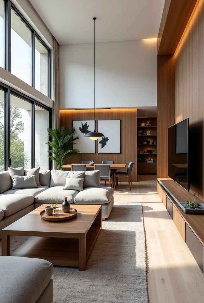 Interior design of living room 30m2. Modern style. Aluminum glass windows. There are full tables and chairs.