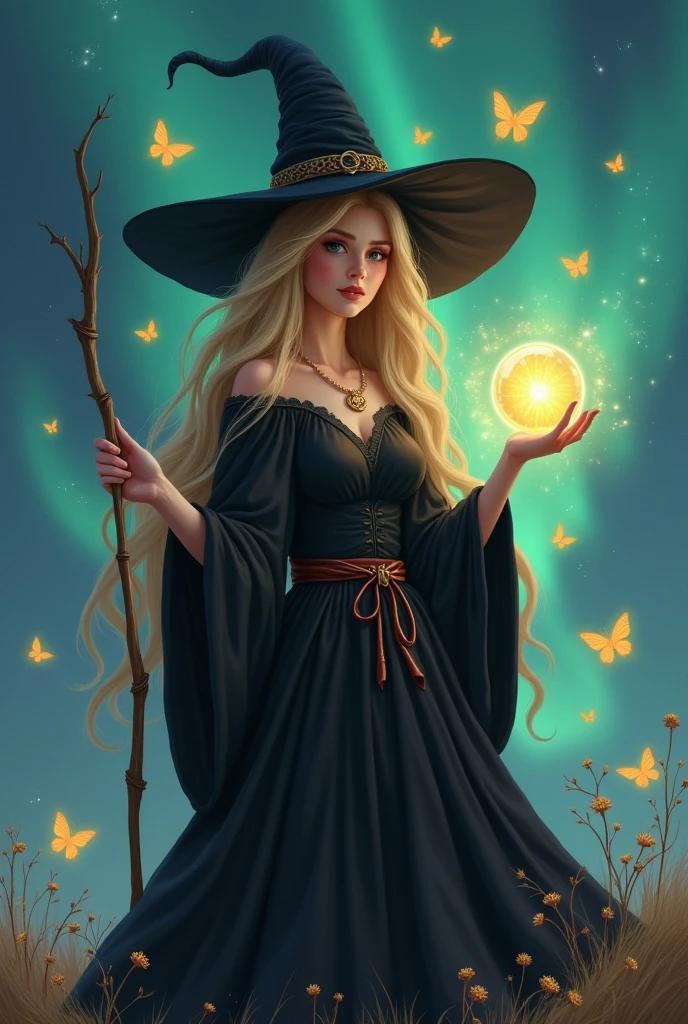 A beautiful princess with magic spells, standing amidst the northern lights, surrounded by golden butterflies, holding a magic wand in one hand, a magic crystal ball in the other, and wearing a simple black witch outfit. Wow! Her appearance has a mysterious charm.