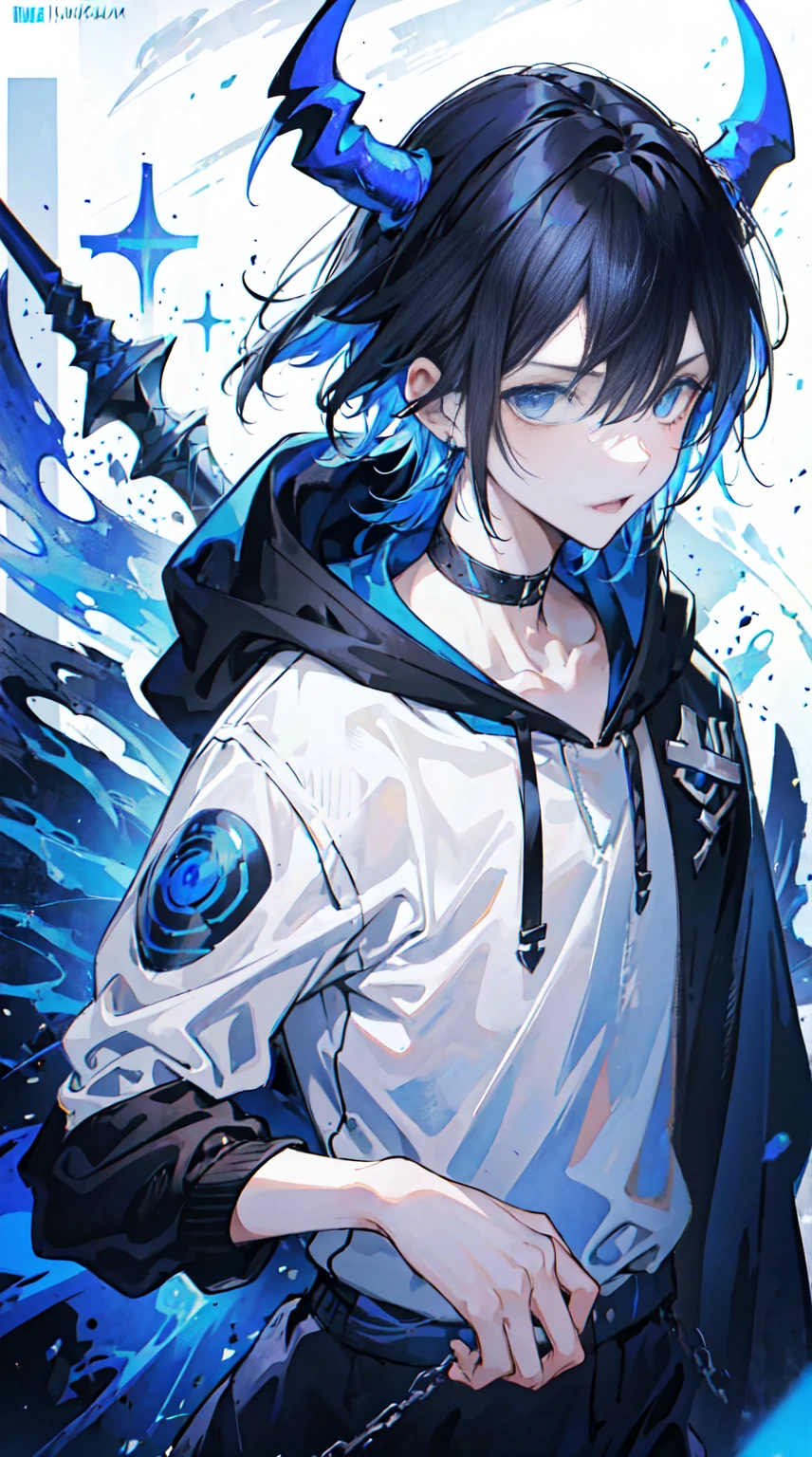 1 person, best quality, masterpiece, 1  boy, scruffy black hair, bangs, Blue eyes, long earrings, black hoodie, blue demon horns,  blue great sword at the back, moon, dark night, looking at viewer, upper body.