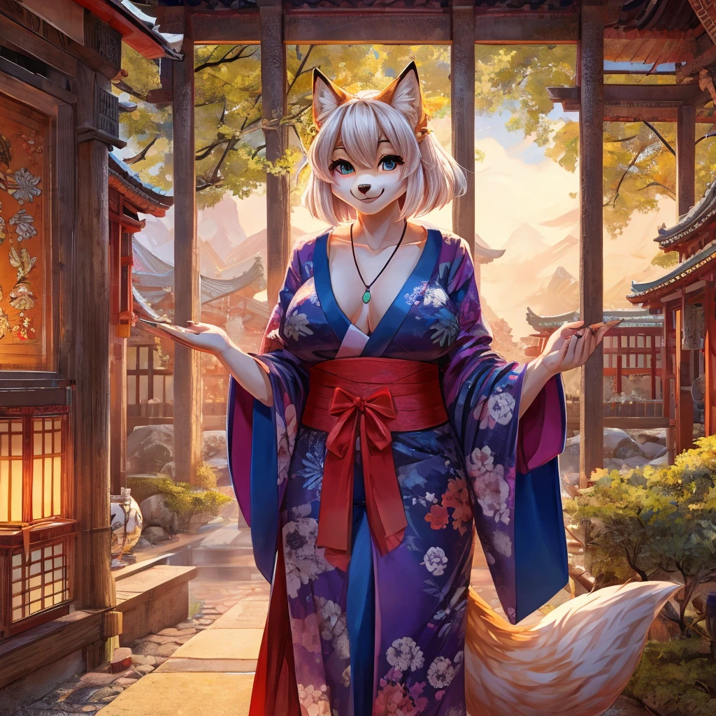 Ceroba，B cup breasts，kimono，shrine，A warm smile，Fluffy fox tail