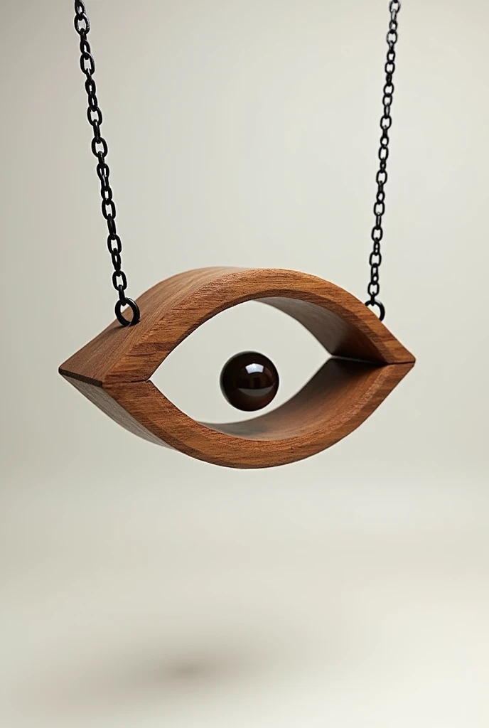 Wooden necklace with an eye-shaped edge and in the center of the eye a sphere with space inside., the wood in the shape of a horizontal eye without extra decoration only the shape of an eye and horizontally, The eye shape should be at 90 degrees in and out of rotation if viewed in 2d space, the sphere with space nothing holds it, The necklace is only held by the chain on one side. 