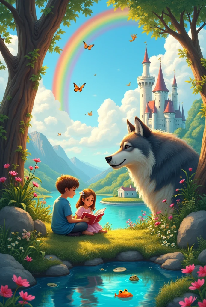 a boy with a girl reading a story, a rainbow, a castle, a butterfly, a big wolf, flowers, a magic world, a lagoon with a toad and fish