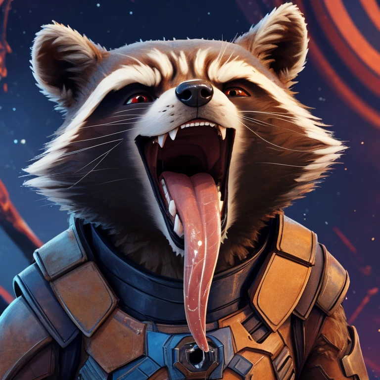 Rocket Raccoon (Guardians of the Galaxy 2014), Marvel Studios, 2D Animation, Looking at viewer, Open Mouth, Tongue Out, Long Tongue, Wide-Eyed, Raccoon Ears, Anatomically Correct, Seductive Smile, Naughty Face, Cross-Eyed, Saliva Trail, Raised Eyebrow, Oral Invitation, Simple background, Character Design, Illustration, High Resolution, Super Detailed, Textured Skin, Eye Level Shot, Single Shot, Medium Close Up