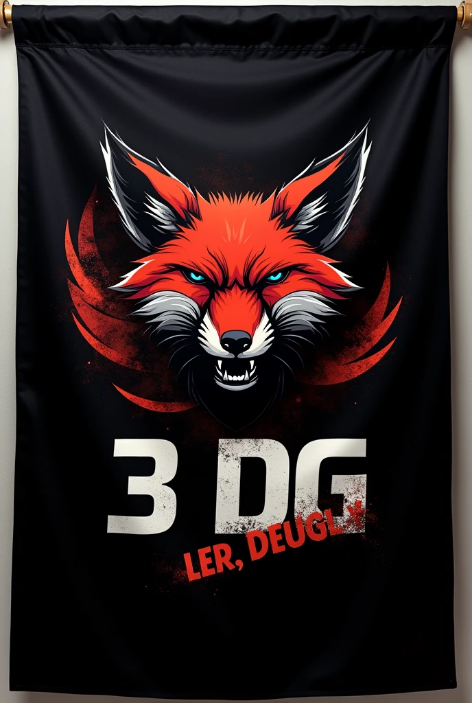 A flag in horizontal black background, with a fox, with the letters " 3 DG" agresive simples