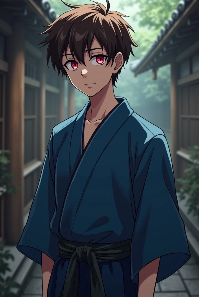 Record of ragnarok handsome demon boy with short brown hair and red eyes with a blue tandara style kimono and dark blue pants serious and psychopathic personality okita souji anime version height 1-60