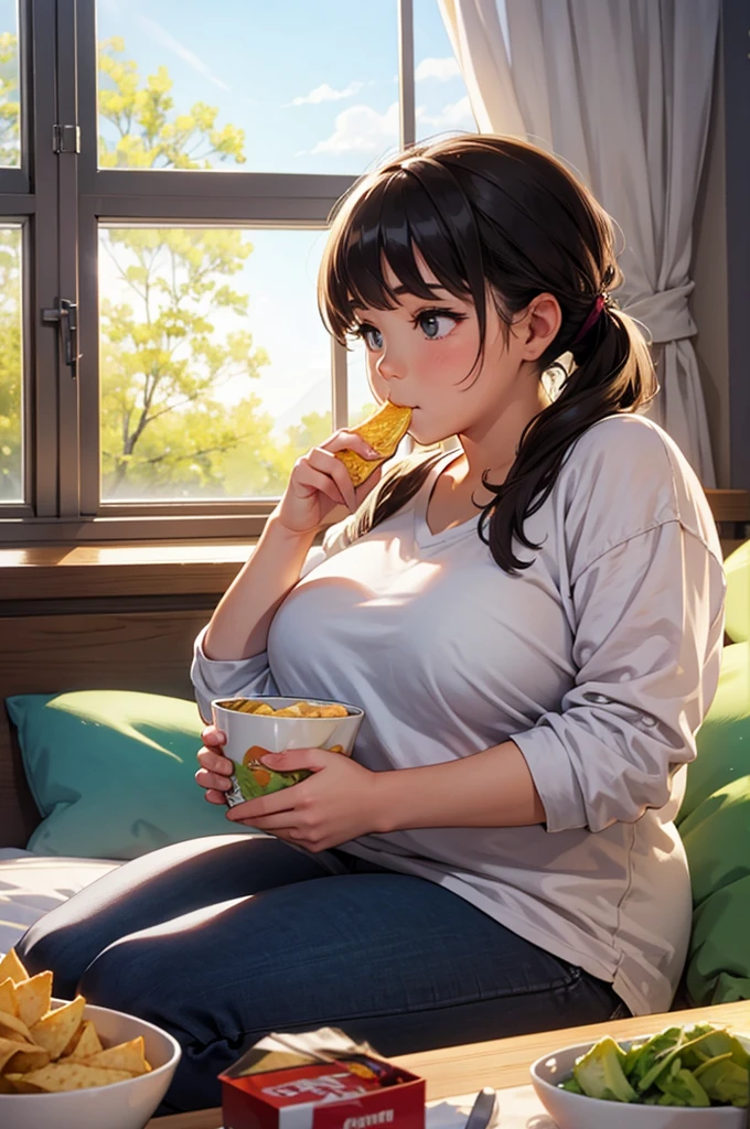 slightly chubby girl watching a movie and eating crisps from a bowl, bedroom scenery