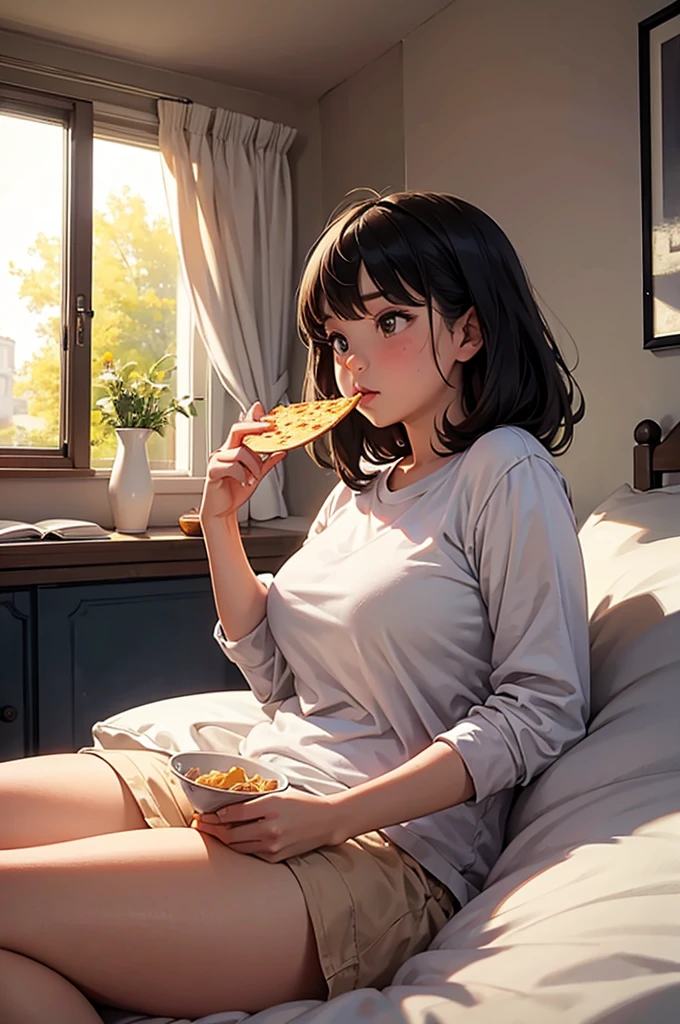slightly chubby girl watching a movie and eating crisps from a bowl, bedroom scenery