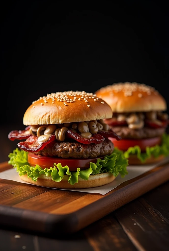 Generates an image of two delicious bacon burgers, mushroom sauce overflowing, lettuce, tomato and grilled meat. The background should be black and the colors warm