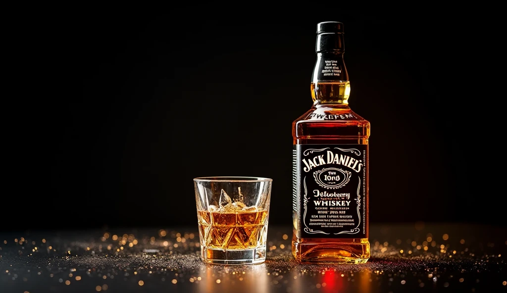 wiskey bottle jack daniels and glass in front of the bottle closer with a black background and sparkles with the glass covering the bottle

