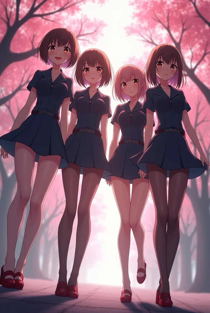 masterpiece, best quality,4 Girls,Young Girls, Plum_Pie Eyes, Brown, choppy bob,envious _Face,Glowing skin,Medium breasts,Beautiful leg lines:1.3,Thick thighs, Thin waist,Uniforms, High Leg Raise,tie,((Pencil Skirt)),Red high heels,   Pantyhose, , way_lining_and_bloom_cherry_flowering_Trees,,Looking at the audience,From below,whole body, legupsexms,