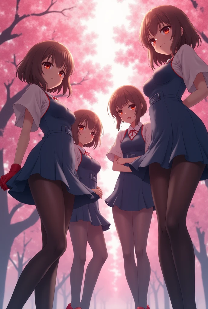 masterpiece, best quality,4 Girls,Young Girls, Plum_Pie Eyes, Brown, choppy bob,envious _Face,Glowing skin,Medium breasts,Beautiful leg lines:1.3,Thick thighs, Thin waist,Uniforms, High Leg Raise,tie,((Pencil Skirt)),Red high heels, Pantyhose, , way_lining_and_bloom_cherry_flowering_Trees,,Looking at the audience,From below,whole body, legupsexms,