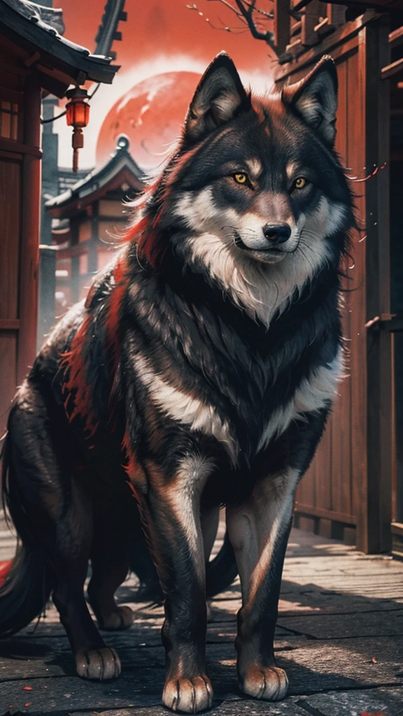 a art of wolf, watercolor painting style, Japanese style, majestic pose, walking towards screen, realistic effect, red and black colour splash around the wolf, highly detailed image that resembles real cat, looking at the camera as it looking at its prey