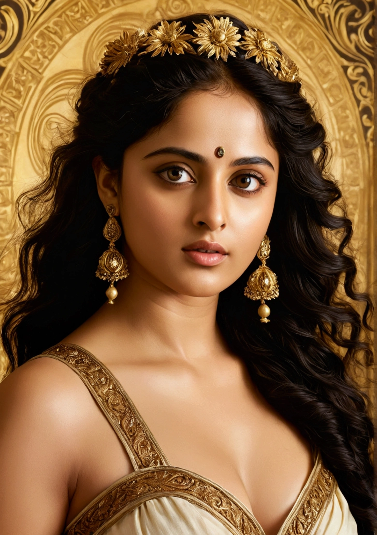Looks like Anushka Shetty, Masterpiece, Best quality, high clarity eyes, beautifully styled hair, critically flawless,sharp picture, Full portrait, High pixels, perfect face,perfect naked tits, perfect eyes, beautiful face, perfect hands,perfect fingers, in Peter Paul Rubens style, by Peter Paul Rubens, baroque style, acrylic on canvas, highly detailed, description: "Create a nymph inspired by the tales of Greek or Roman mythology, embodying the essence of a natural element or location, and possessing a unique ability or trait that sets her apart."