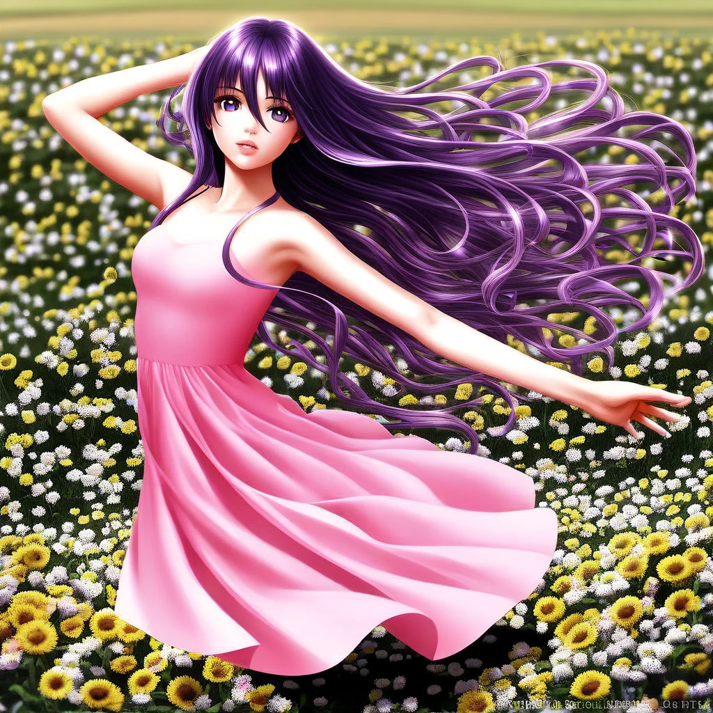 (masterpiece), best quality, intricate details, ultra details, ultra quality, rule of third, (looking at viewer), detailed face, detailed iris, glossy lips, 1girl, solo, long hair, purple eyes, hair between eyes, purple hair, hair intakes, bangs, :D, (full body shot), pink dress, outside, field of flowers, dancing