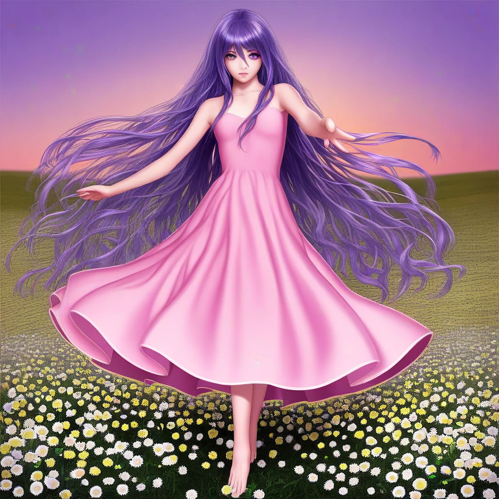 (masterpiece), best quality, intricate details, ultra details, ultra quality, rule of third, (looking at viewer), detailed face, detailed iris, glossy lips, 1girl, solo, long hair, purple eyes, hair between eyes, purple hair, hair intakes, bangs, :D, (full body shot), pink dress, outside, field of flowers, dancing