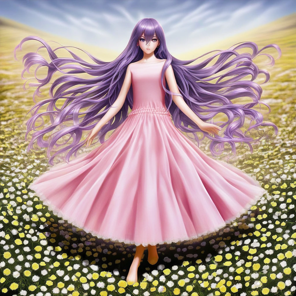(masterpiece), best quality, intricate details, ultra details, ultra quality, rule of third, (looking at viewer), detailed face, detailed iris, glossy lips, 1girl, solo, long hair, purple eyes, hair between eyes, purple hair, hair intakes, bangs, :D, (full body shot), pink dress, outside, field of flowers, dancing