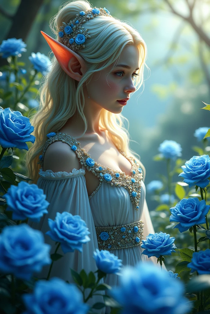 A elf in the garden surrounded by blue roses 