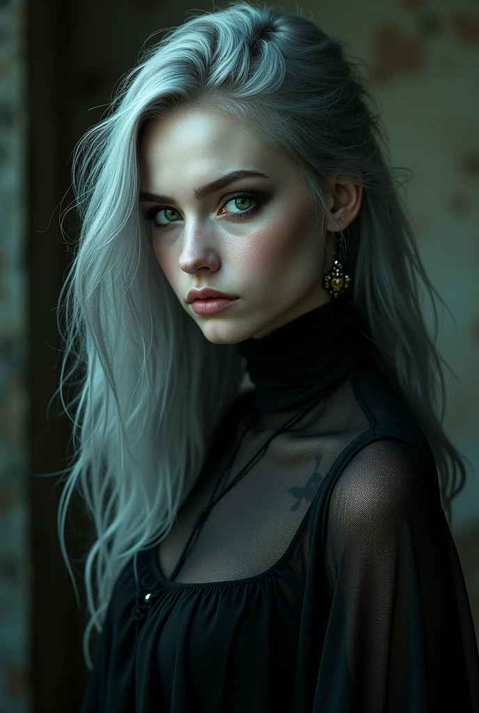 Young white-skinned gothic rocker woman, long grey hair and green eyes