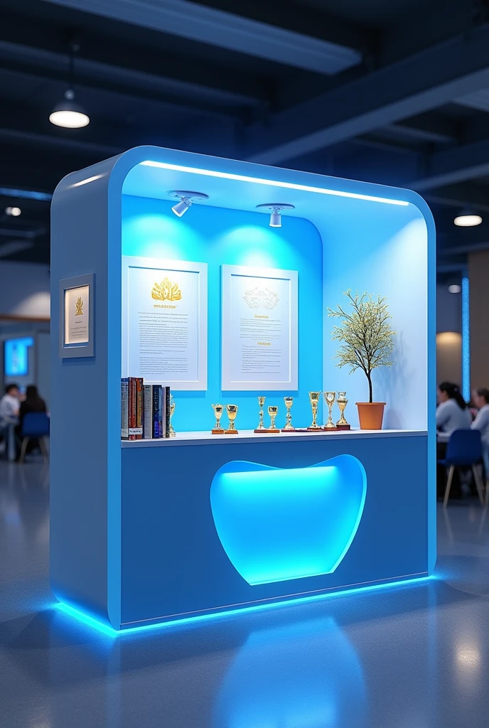 School mini booth, color blue, affordable materials worth 500, containing the achievements and trophies of organization, simple yet elegant