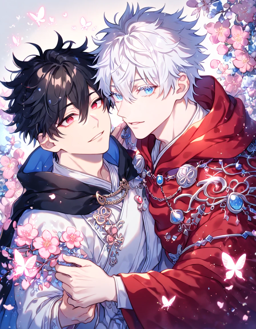 absurdres, highres, ultra detailed, HDR, master piece, best quality, extremely detailed face, delicated features, Xue Yu, untamed spiky hair, black hair, hair between the eyes, expressive red eyes, Thousand Years War, Gojou Satoru, white hair, messy hair, expressive blue eyes, white eyelashes, two sexy men together, gay couple, yaoi, handsome, manly man, black cape, red robes, white robes, accessories, patterns, fantasy, magical, blossoms, pink flowers, pink butterflies, magic, radiant, Jujutsu Kaisen