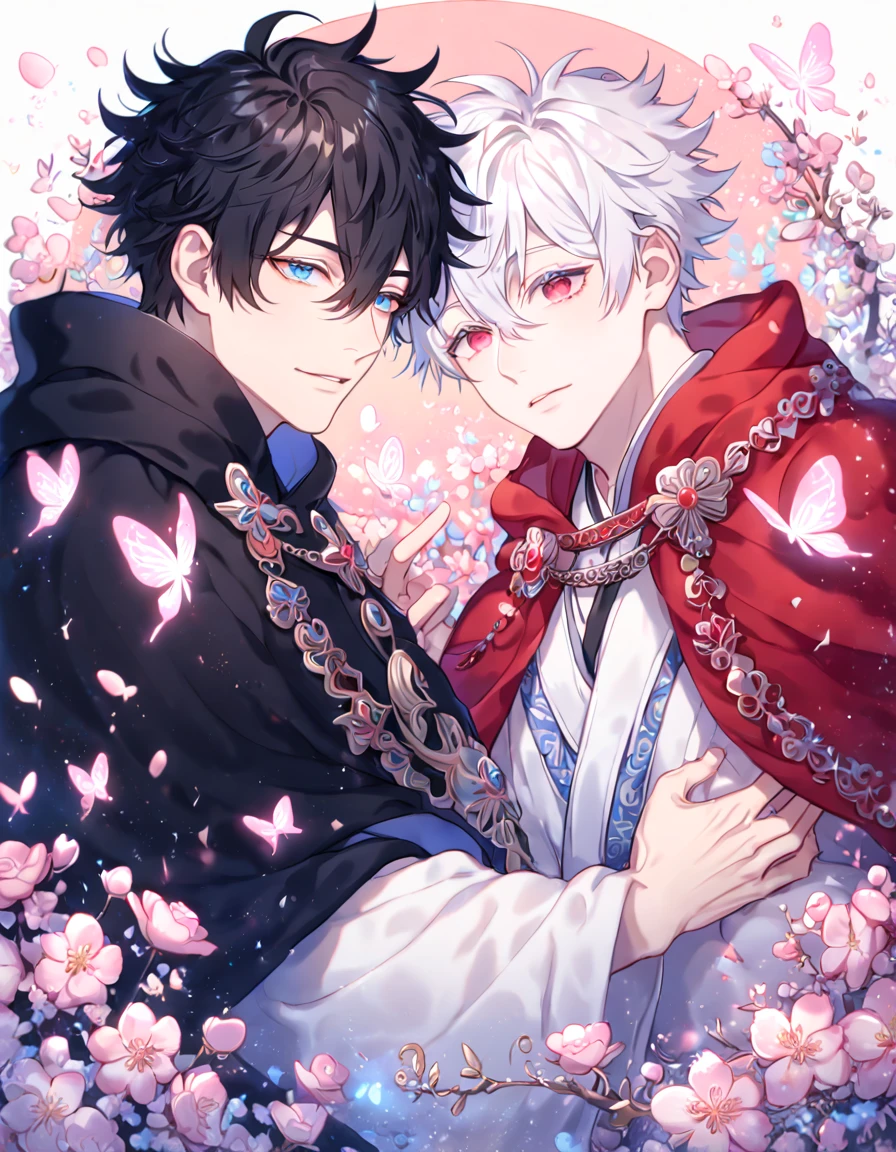 absurdres, highres, ultra detailed, HDR, master piece, best quality, extremely detailed face, delicated features, Xue Yu, untamed spiky hair, black hair, hair between the eyes, expressive red eyes, Thousand Years War, Gojou Satoru, white hair, messy hair, expressive blue eyes, white eyelashes, two sexy men together, gay couple, yaoi, handsome, manly man, black cape, red robes, white robes, accessories, patterns, fantasy, magical, blossoms, pink flowers, pink butterflies, magic, radiant, Jujutsu Kaisen