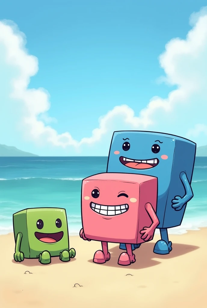 Three cubes, one pink with legs and braces, one with a blue body, and a green cube with nubs and a big mouth. All the cubes are happily smiling infront of the beach. 2D Drawn style. The green and blue cubes dont have legs or arms.  Meaning the green and blue cubes are just a square with a face, no legs or arms. The green and blue cubes have no legs and their bodys are sitting on the ground. I REPEAT, the blue and green cubes dont have limbs, such as arms and legs. 