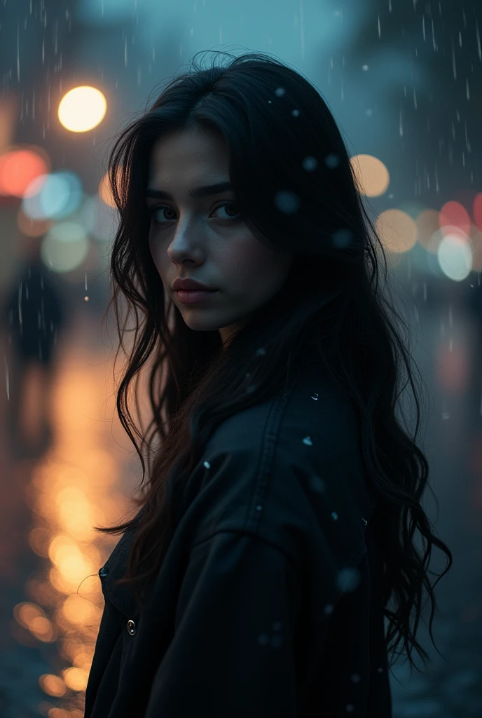 far view full standing behind view but she look at camera cute girl sad face but smiling. beauty of her. at rainy day in night. many bokeh light and front her is blur light.