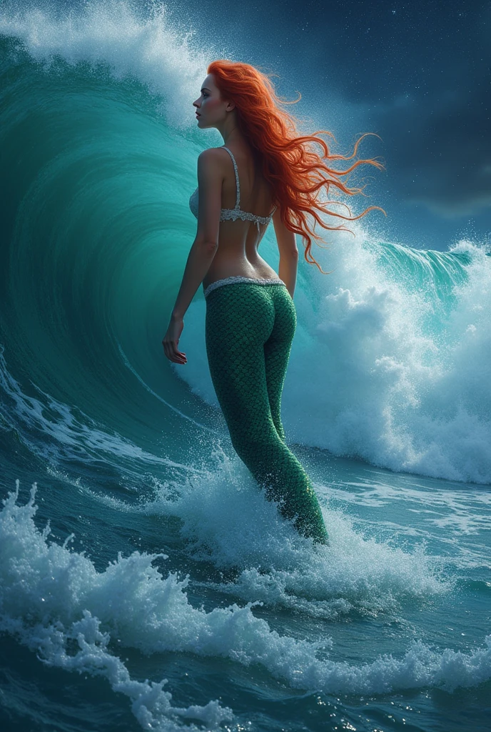 beautiful girl standing on a wave in an huge ocean, mermaid girl with fish-tail, red hair, fantasy, beautiful body and face, power woman, fantastic scene, starry night
