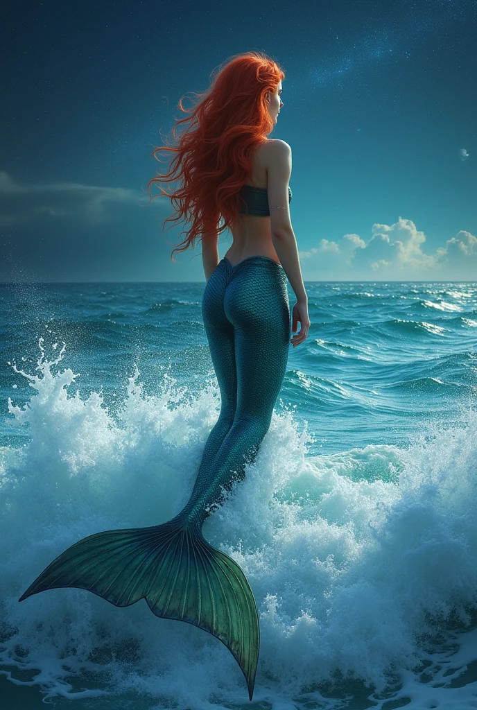 beautiful girl standing on a wave in an huge ocean, mermaid girl with fish-tail, red hair, fantasy, beautiful body and face, power woman, fantastic scene, starry night