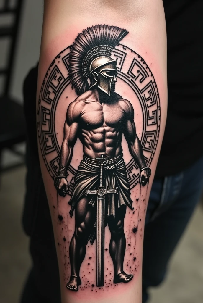 A tattoo of a Spartan warrior with a sword surrounded by the Versace symbol to tattoo on the back of the forearm 

