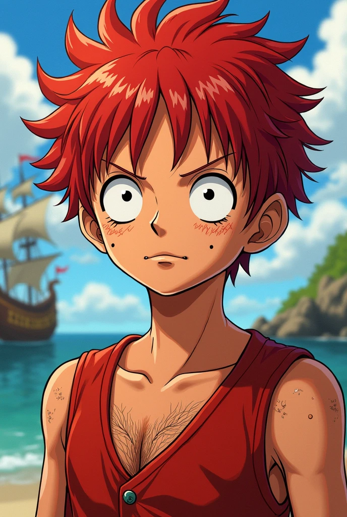 Young dark redhead boy with moles in the style of the anime One Piece

