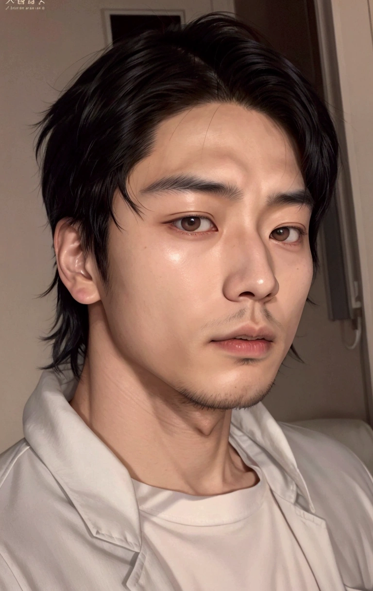 Asian man in white shirt and white jacket, Toru Furuya, handsome japanese demon boy, primer plano shinji aramaki, androgynous face, Kazuya Tsurumaki, Sui Ishida with black hair, ayami you ima, macoto takahashi, araki, kousuke oono