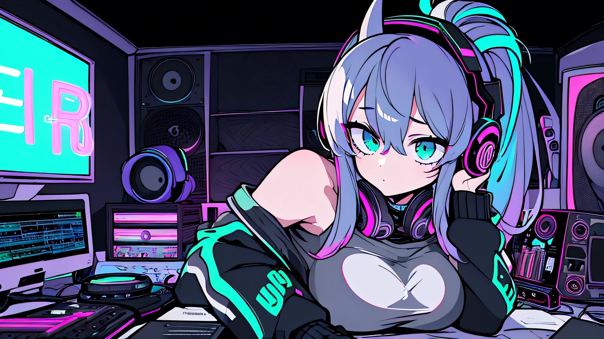 Best quality, (masterpiece), best detail face,1 girl, big breasts, 18 yo, 8k,absurdres,unity 8k wall paper,(extremely detailed:1.3), highest realistic, (retro headphones:), (soft neon light:), (psychedelic), Her room full of music equipment and records, sports wear , See the whole room , dark grey color pallet, pony tail hair